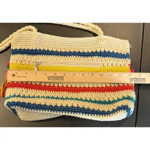 The Sak Womens Medium Shoulder Bag‎ Multi Color Striped Crochet Pom Pom Tassels thumbnail 6