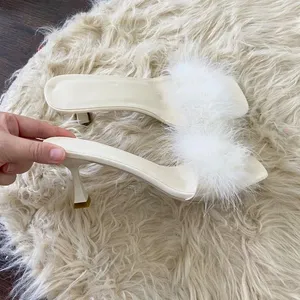 NWOT Cream White Fuzzy Faux Fur Square Toe Open Mule Kitten Heels EU 41 / US 10 thumbnail 2