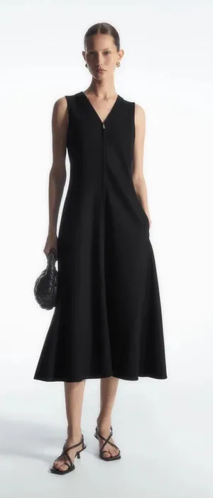 COS Black Zip-Front V-Neck Midi Dress Small thumbnail 1