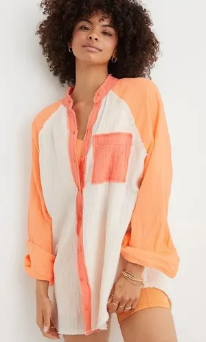 Aerie‎ Gauzy Coverup Shirt Women Small Mango White Colorblock Cotton Oversized thumbnail 1