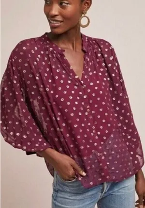 Moulinette Soeurs Anthropologie Allegra Gold Foil Printed Burgundy Blouse Size M thumbnail 1