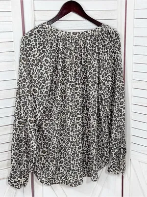 Loft Leopard Print Gathered Neck Button Up Blouse Cream Tan Large Long Sleeve thumbnail 8