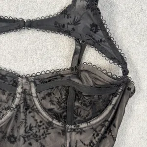 Windsor Black Velvet Floral Flocked Mesh Bustier Corset Top Size SM Adjustable thumbnail 2