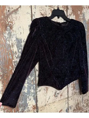 Vintage Warren Petites Black Velvet Evening Top Sparkly Paisley Pattern Small thumbnail 3