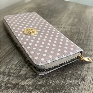 Zip Around Wallet Tan with White Polka Dots 7.5 x 3.5” thumbnail 5