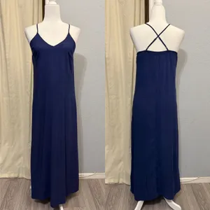 Old Navy Maxi Dress Size S Navy Blue Rayon Cami V-Neck Cross Back Summer Coastal thumbnail 2