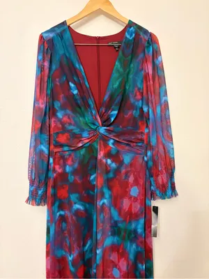 NWT Maggy London Eliana Twist Front Mesh Maxi Dress Pink Berry Watercolor 14 thumbnail 4