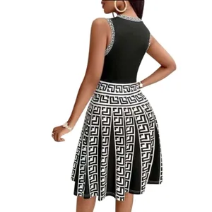 Black & White Greek Key Pleated Skirt Dress size large women’s sleek geometric thumbnail 4