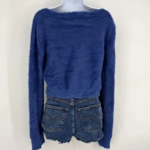 Natural Life Blue Fuzzy Cropped Sweater Boat Neck Long‎ Sleeve Womens XL thumbnail 4