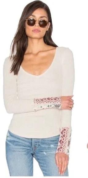 Free People We The Free Cream Waffle Knit Art School Cuff Long Sleeve Thermal thumbnail 1