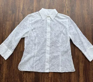 Talbots White Floral Burnout Blouse 3/4 Sleeve Sheer Button Up Shirt - Size 12 thumbnail 1