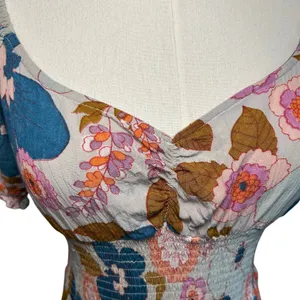 Angie Floral Smocked Boho Mini Dress Medium Cottage Indie Retro Rayon Festival thumbnail 6