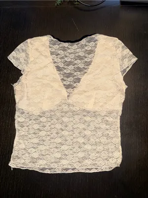 Urban Outfitters Ivory Lace Crop Top with Black Trim thumbnail 3