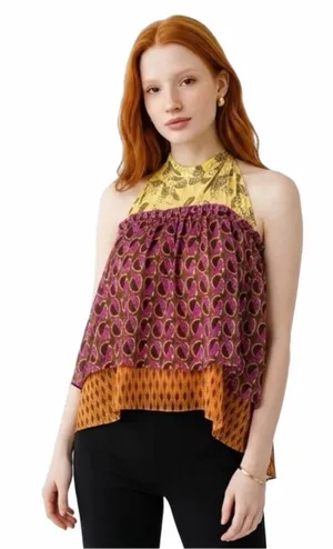 ZARA NWT Printed Flowy Halter Top Boho Metallic Layered Open Back Size XL thumbnail 1