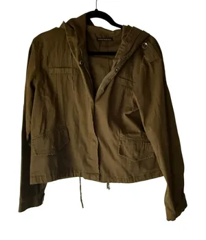 Brandy Melville Womens Olive Green Utility Jacket Hooded Cropped‎ Military Coat thumbnail 1