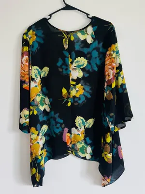 Unique Spectrum Black Floral Chiffon Tunic with Teal and Mustard Accents Y2K thumbnail 4