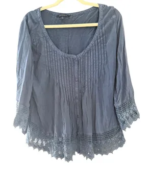 American Eagle Blue Pintuck Lace Trim Boho Peasant Blouse Large thumbnail 1