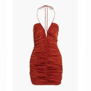 Ronny Kobo Orielle Rust Orange Silk Blend Jacquard Ruched Halter Mini Dress L thumbnail 3