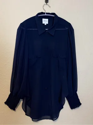 Misa Los‎ Angeles Navy Blue Sheer Ruffle Blouse Size Small thumbnail 1