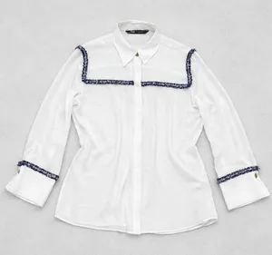 Zara White Button Down Blouse Blue Braided Tweed Trim‎ Gold Button Small thumbnail 1
