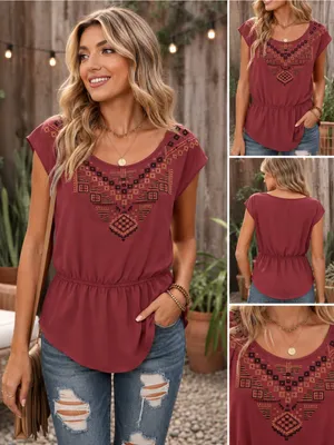 Maurices Aztec Embroidered Peplum Blouse Burgundy Boho Top Medium thumbnail 2