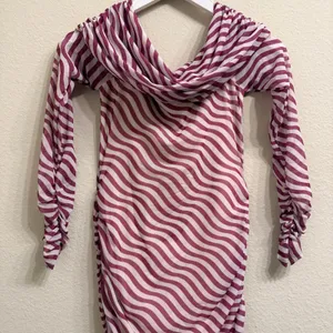 Anthropologie Off-The-Shoulder Mesh Maxi Dress Bodycon Ruched XS Pink White- NEW thumbnail 5