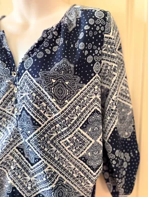 Espresso Navy and White Printed Peasant Blouse Blue Size M thumbnail 2