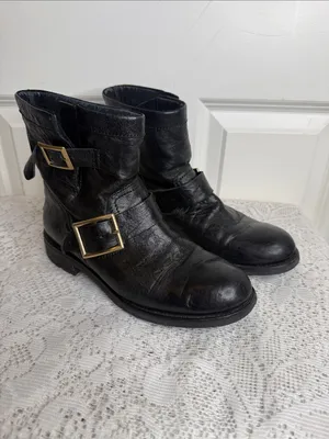Jimmy Choo Black Leather Moto ankle fur Boots sz 6.5 (37) thumbnail 2