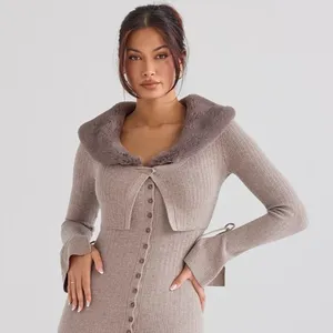House of CB Fur Trim Knit Cashmere Crop Cardigan S - Camel / Dark Beige thumbnail 3