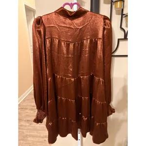 Fantastic Fawn Copper Brown Satin Tiered Mini Dress Long Sleeve Collared Medium thumbnail 6