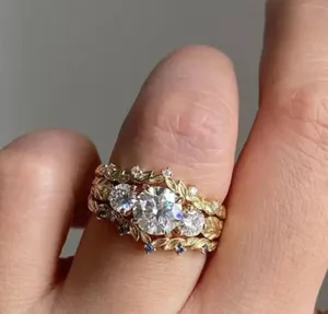 Golden Tone Ring with Diamond Inlaid Size 7 thumbnail 2