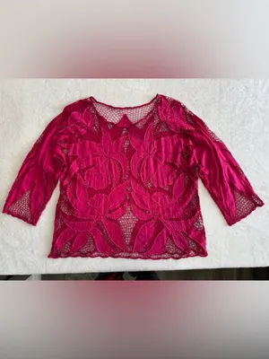 Surya Pink Beaded Sheer Floral Lace Top Boho Y2K Blouse Size L thumbnail 12