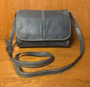 Coldwater Creek Dusty Blue Leather Flap Crossbody Bag Soft Pebbled Adjustable Strap thumbnail 1