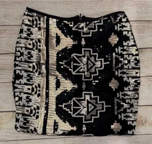 Express Adrienne Women's Aztec Sequin Mini Skirt Black w/ Gold Silver Stretchy Medium thumbnail 1