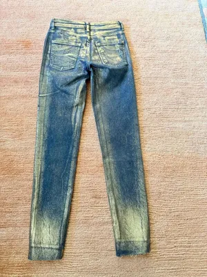 Zara Metallic Gold Coated Skinny Jeans Women Size 0 / EU 32 Blue Gold Stretch NW thumbnail 8