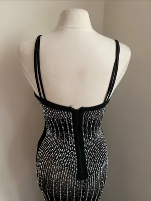 Rhinestone Stretch Black Sheer Midi Dress Built in Bodysuit Womens Sz Large thumbnail 7