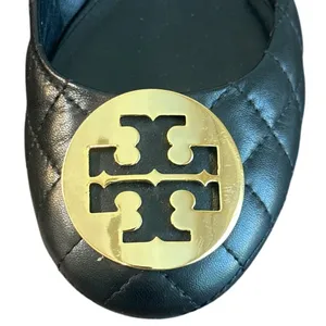 Tory Burch Claire Quilted Block Heel Pumps Black Gold Logo Leather Size 8 thumbnail 10