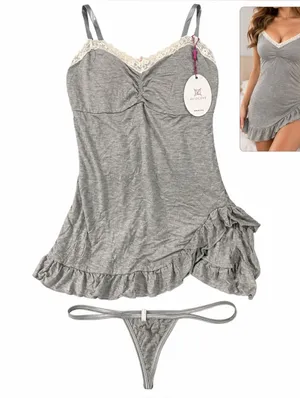 Soft comfort Women's Lace Trim Gray Chemise & Thong Sleep Set new size XL thong thumbnail 1
