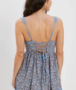 🦅 American Eagle Outfitters Floral Tie-Back Babydoll Mini Dress-Blue thumbnail 2