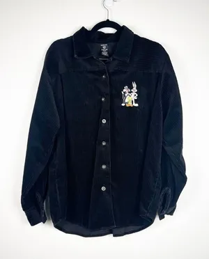 Warner Bros Vintage Corduroy Button Up Shirt Bugs Bunny Looney Tunes‎ Black L thumbnail 1