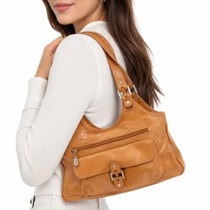 Nine West Shoulder Bag Womens Medium Tan Faux Leather Multi Pocket Satchel Good thumbnail 1