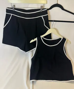 Black Two-Piece Tank Top & Shorts Set with White Trim thumbnail 1