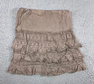 Tiered Ruffle Mini Skirt Women XS Taupe Brown Eyelet Lace Boho Coastal Fairy y2k thumbnail 1