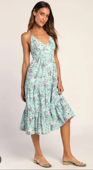 Lulus Bliss Abound Light Blue Floral Print Tiered Midi Dress thumbnail 1