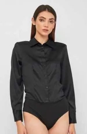 ZARA Bodysuit Black Long Sleeve Button Down Satin Effect‎ Blouse Shoulder Pads M thumbnail 1
