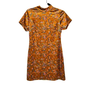 Savage Fenty Orange Velvet Floral Mini Dress Womens 10 Short Sleeve High Neck thumbnail 2