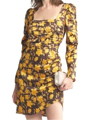 Floret Cottagecore Dark Floral Ruched Square Neck Dress Yellow Brown XS NWOT thumbnail 1