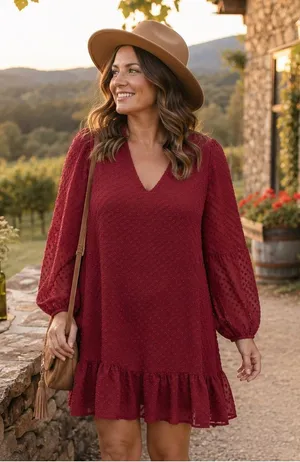Arula Burgundy Swiss Dot Mini Dress Women L Wine V-Neck Balloon Sleeve Ruffle thumbnail 1