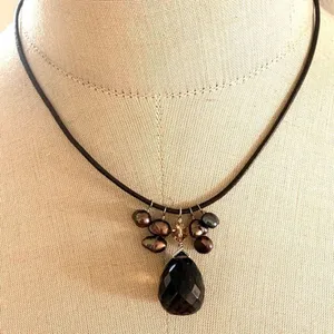 Handcrafted Sterling Silver Smoky Quartz & Peacock Pearl Leather Cord Necklace thumbnail 1