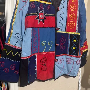 Indigo Moon‎ Tapestry Jacket Flax Cotton blend Embroidery Patchwork artsy sz M thumbnail 2